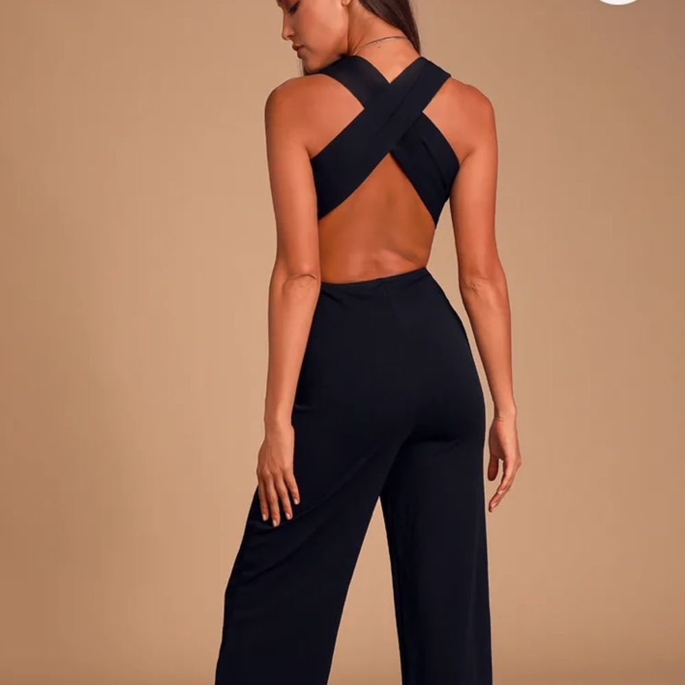 Lulu’s Thinking Out Loud black backless jumpsuit